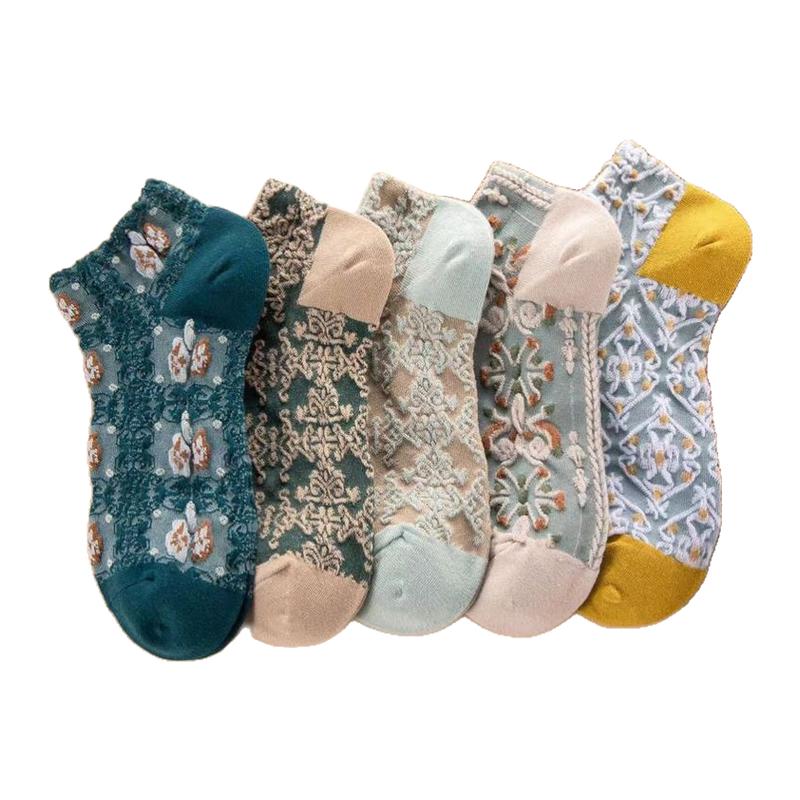 复古国潮短袜女低帮船袜绣花文艺宫廷袜港风民族风抗袜子女socks