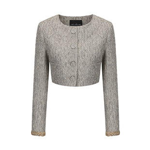 NanaJacqueline春季新款圆领编织套装女高智感金丝袖口羊毛短外套