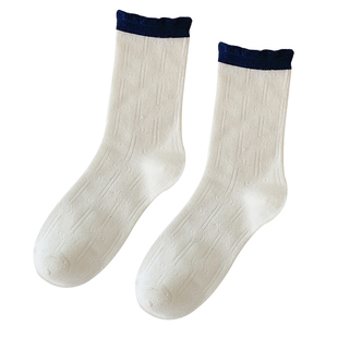 学院风春夏季薄款蓝白条纹中筒女袜袜子女百搭花边海军风少女长袜