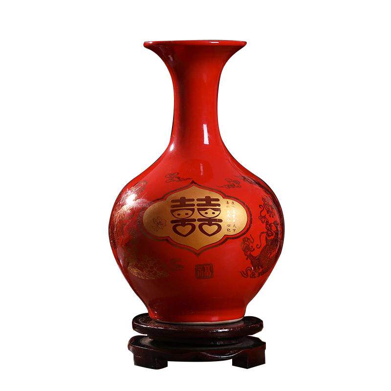 现代玄关桌面中国红花瓶结婚礼品
