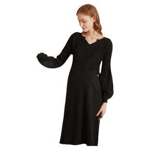 FisherPrice秋冬女士连衣裙毛衣裙V领收腰长袖针织黑色中长款显瘦