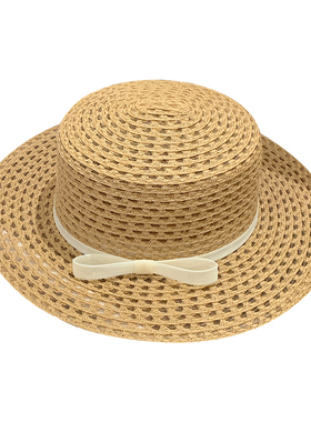 法式蝴蝶结平顶镂空草帽女夏透气
