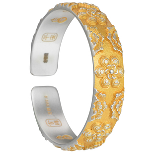 吴越老银铺纯银9999吉莲手镯描金精美宫廷风银镯子轻奢送长辈妈妈