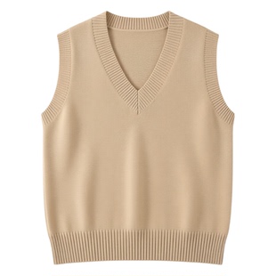 韩系甜美复古针织马甲女叠穿背心卡其色圆领宽松套头时尚百搭上衣