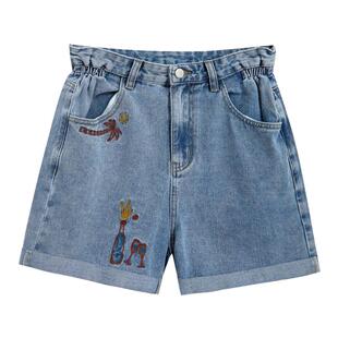 紫涵刺绣复古牛仔短裤女小个子夏季新款宽松直筒卷边休闲裤度假风