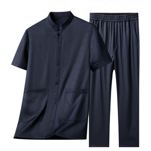 父亲爸爸开衫两件套男士冰丝衬衫薄款中老年夏季上衣爷爷衣服