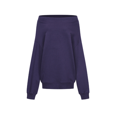 深紫色一字肩宽松大廓形休闲卫衣