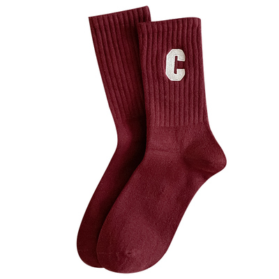 刺绣字母袜子女款纯棉无骨中筒袜