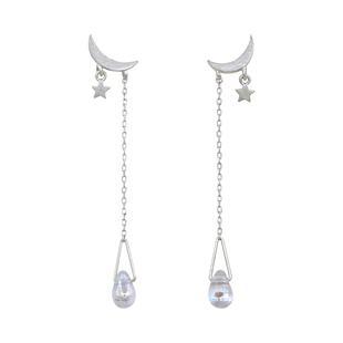 超仙森系月牙弯露珠耳钉S925纯银气质长款流苏耳坠琉璃小水滴耳夹