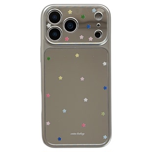 jze简约多巴胺彩色星星补妆镜ins适用苹果17ProMax手机壳iphone15新款16pro少女13网红15pro电镀14防摔手机套