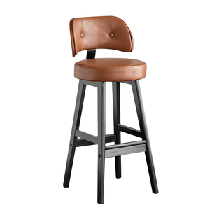实木吧台椅简约轻奢家用牛皮酒吧椅复古真皮酒吧椅欧式靠背高脚凳