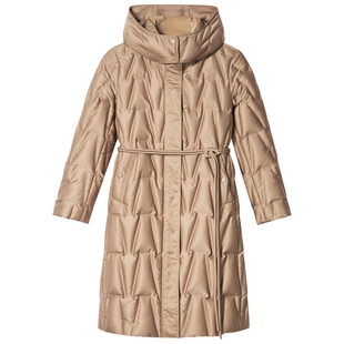 诗篇专选金驼缎面直充防钻绒白鸭绒长款连帽羽绒服冬款