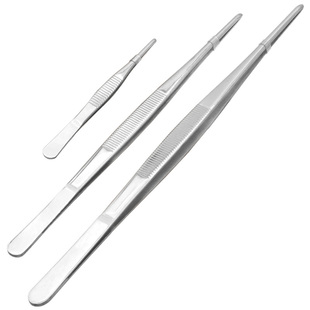 实验室304不锈钢镊子 12.5~30cm 加厚镊子直/弯头 圆头带齿防滑镊