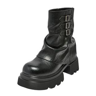 三福女中靴冬季都市游牧风侧边扣带朋克风厚底翻筒靴女鞋848166