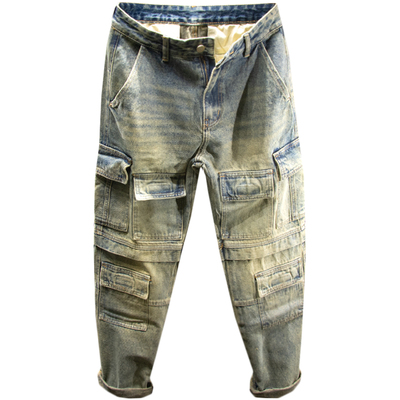 三古木棉大码复古多口袋工装牛仔裤男宽松直筒阔腿裤子男设计感