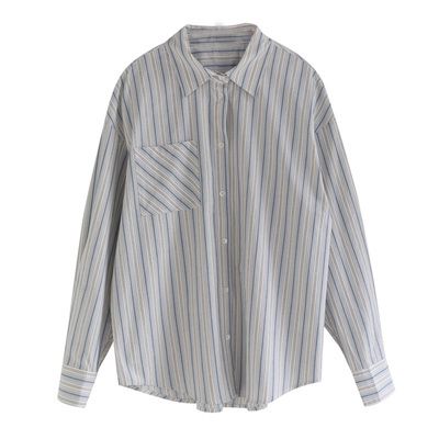 徐大脸吖定制 清爽蓝白撞色条纹上衣春女长绒棉叠穿宽松长袖衬衫