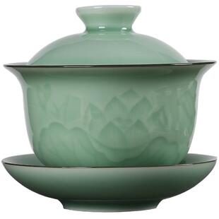 青瓷龙泉手工三才盖碗刻花陶瓷功夫茶具茶碗茶杯泡茶器敬茶大盖碗