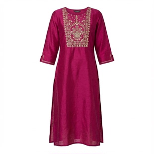 B9-2-2印度服饰女上衣生丝刺绣民族风中长款七分袖玫红色新品现货