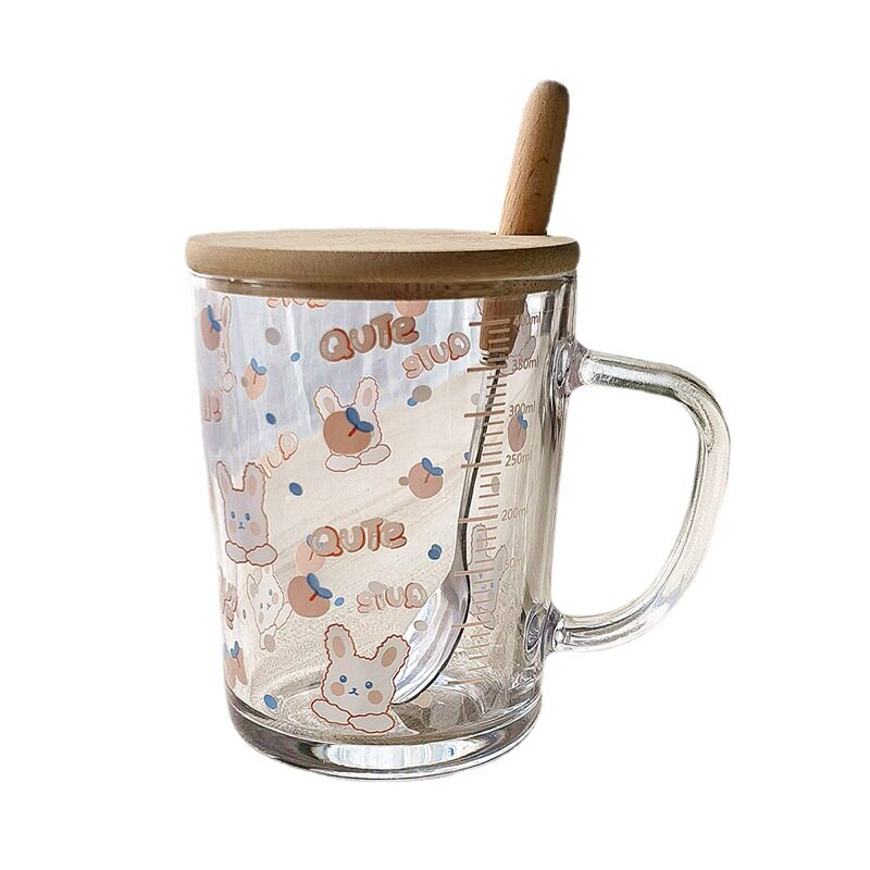 卡通玻璃吸管杯水杯可爱牛奶杯早餐刻度杯带盖勺礼物便携微波炉杯