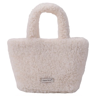 定制款~杏色毛绒手提包女秋冬大容量通勤可爱包包小众手拎托特包