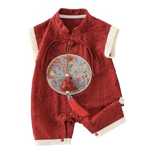 中式男宝宝夏装连体唐装婴儿衣服满月百天宴周岁礼服抓周夏季薄款