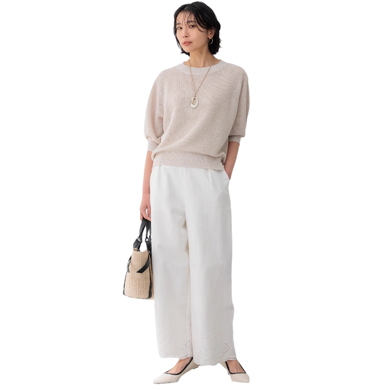 23区休闲适宜简约亚麻刺绣宽松阔腿裤女日本限定ONWARD
