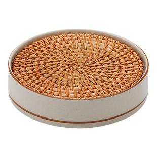 手工藤编草木灰陶壶承釉下紫金线描边复古简约储水圆形小号干泡台