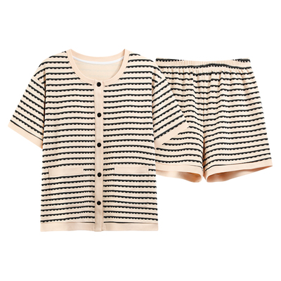 带胸垫一体睡衣女士夏季纯棉短袖开衫甜美条纹套装可外穿的家居服