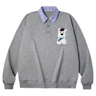 PSO Brand男装女装假两件可爱小狗格纹卫衣宽松polo衫上衣情侣装