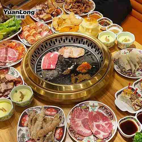 烤肉店下排烟碳烤炉商用圆形炭烤锅不锈钢大号烤盘嵌入桌面烧烤炉