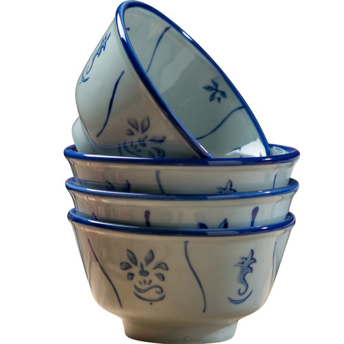 怀旧手绘陶瓷碗米饭碗民国葵斗碗竹花碗汤碗加厚凉茶碗青花碗勺