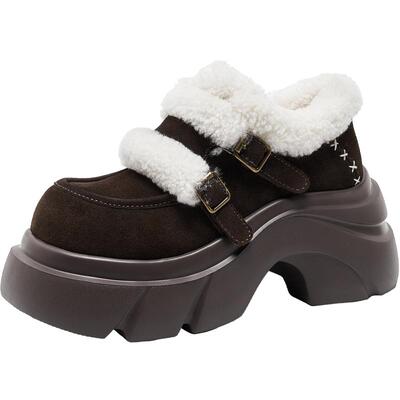 Lee Cooper加绒乐福鞋女2025秋冬新款厚底增高加厚一脚蹬保暖棉鞋