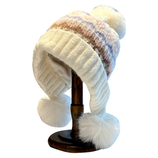 费尔岛风格纹提花毛球针织帽子女秋冬加厚双层保暖护耳毛绒毛线帽