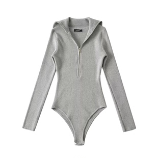 辣妹风半拉链高领针织连体衣女春秋季弹力修身性感打底衫连裆上衣