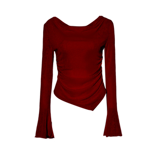 DPLAY2025年秋季新款红色t恤女时髦气质长袖修身上衣荡领打底衫