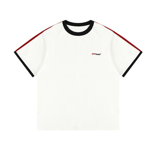 GOOZI MADE 美式刺绣三条杠短袖T恤男夏季重磅男生撞色半截袖上衣