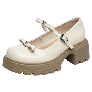 红蜻蜓厚底玛丽珍鞋春季新款女鞋粗跟增高单鞋女款学院风白色皮鞋