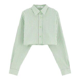 SLY春夏学院风条纹露腰设计长袖截短衬衫030GSY30-1350