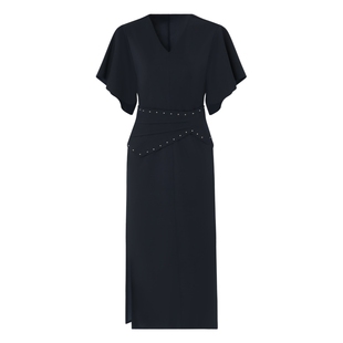 IDPAN女装夏季新款时尚通勤裙摆开衩显瘦V领气质裙子连衣裙女