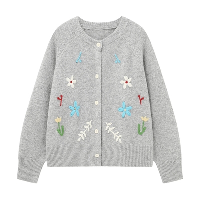 Basic House/百家好刺绣开衫毛衣女秋冬季新款宽松慵懒风圆领上衣