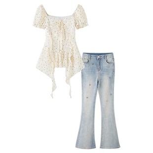 织物猪 甜茶少女 甜美风泡泡袖提花网纱上衣女夏季不规则波点T恤