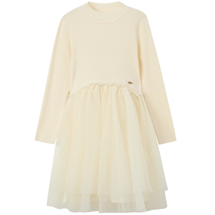 eland kids衣恋童装女童连衣裙春秋季休闲圆领针织拼接网纱裙子