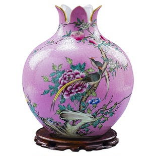 花瓶陶瓷粉彩爬花手绘石榴瓶 仿古摆件装饰品电视柜客厅新婚礼品