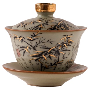 竹报平安丨高档汝窑陶瓷三才盖碗泡茶碗单个功夫茶杯茶碗盏不烫手