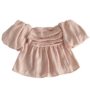 法式设计感小众抹胸褶皱一字领露肩泡泡袖短款衬衫上衣女夏季