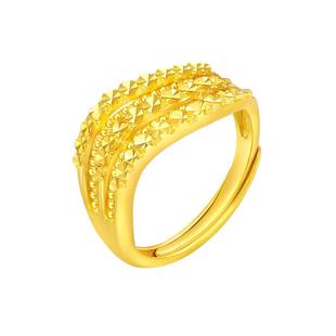 赛菲尔黄金戒指足金999.9满天星戒指黄金车花波浪金珠可调节女戒