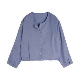 亚麻圆领衬衫外套女宽松休闲简约气质松弛感高级长袖白色开衫上衣