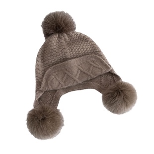 北国雪松~绞花毛球Cashmere100%纯羊绒针织帽子灰色美式秋冬护耳