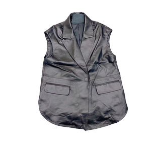 翻领中长款真皮皮马甲女秋季新款欧洲站大口袋纯绵羊皮无袖皮衣