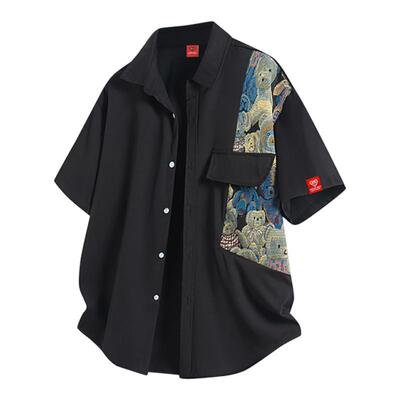 查尔斯桃心拼接小熊翻领短袖衬衫